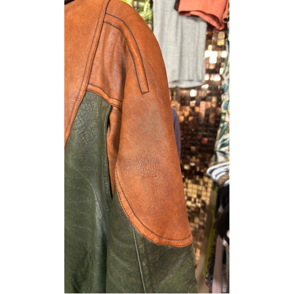 Vintage 80s Modango Brown & Green Leather Bomber Jacket w Shoulder Pads Size XL - Picture 15 of 17